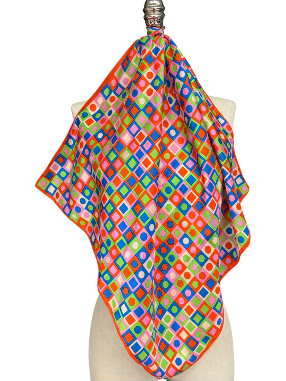 Vintage Mod Scarf Colorful Geometric Dots Scarf Blue, Orange, Pink, Green 60s - Picture 9 of 9